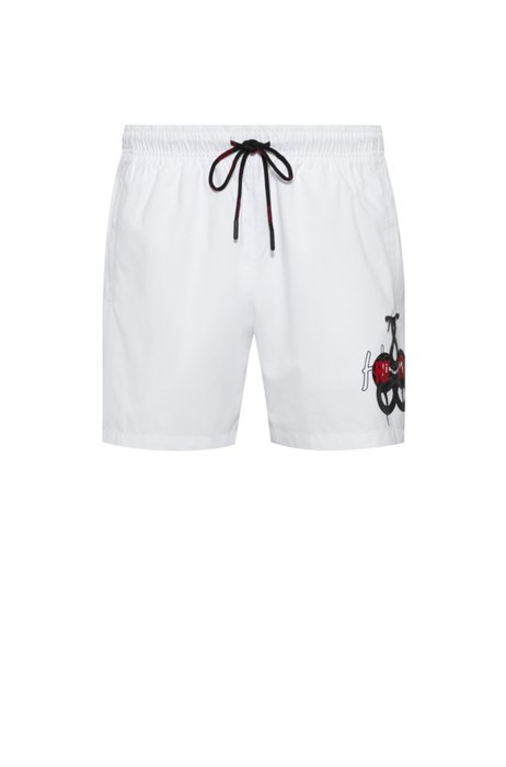 Quick-dry swim shorts with snake artwork and logo, White