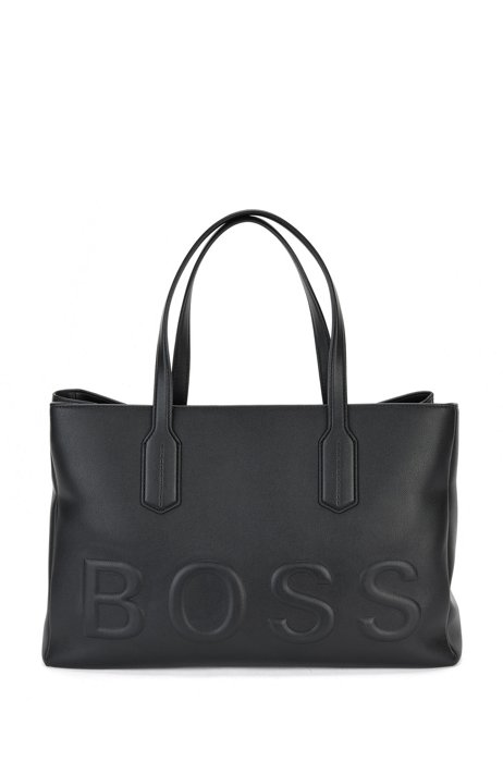 Faux-leather tote bag with tonal logo, Black