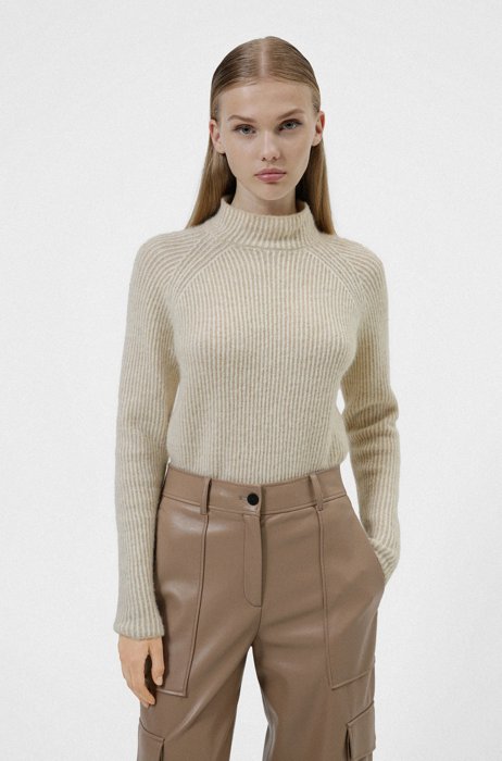 Mock-neck sweater with ribbed structure, Light Beige