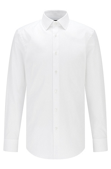 同色徽标装饰提花图案意大利棉质修身衬衫,  100_White
