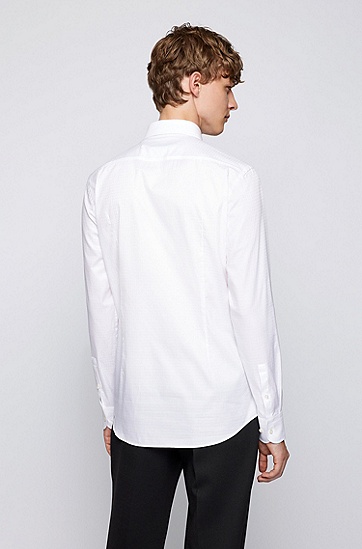 同色徽标装饰提花图案意大利棉质修身衬衫,  100_White