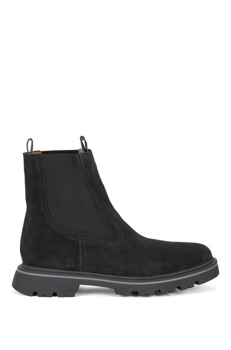Suede Chelsea boots with seasonal loops and contrast welt, Black