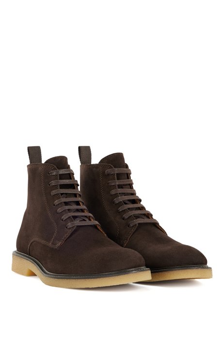 Half boots in suede with embossed logo, Dark Brown