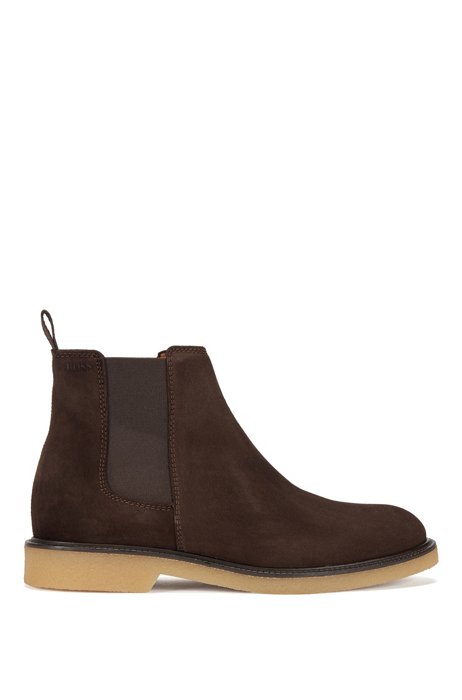 Suede Chelsea boots with embossed logo and leather lining, Dark Brown