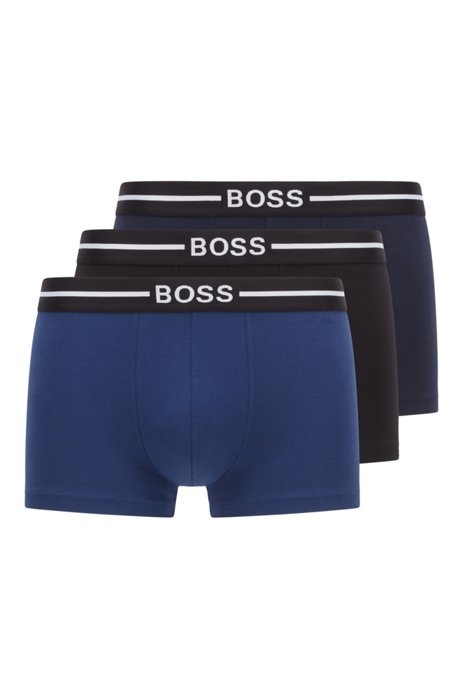 Three-pack of stretch-cotton trunks with logo waistbands, Black/Dark Blue/Blue