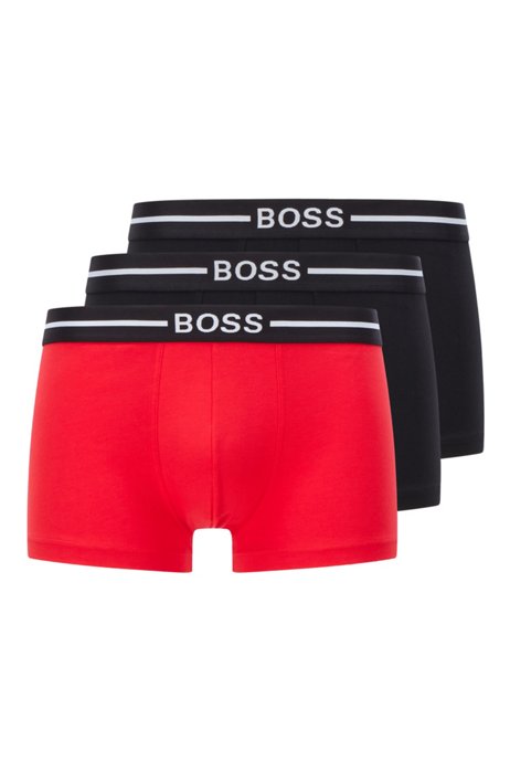 Three-pack of stretch-cotton trunks with logo waistbands, Black/Red