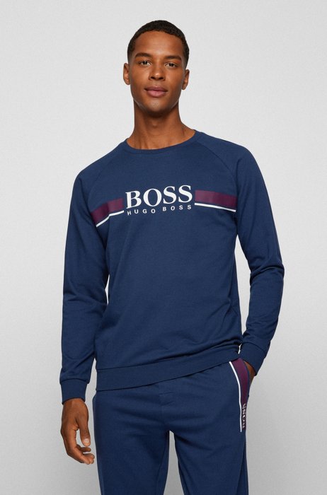 Loungewear-Sweatshirt aus Baumwoll-Terry mit Streifen und Logo, Dunkelblau
