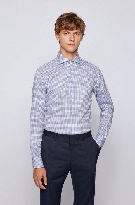 Slim-fit shirt in checked non-iron cotton, Blue