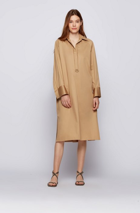 Oversized-fit cotton dress with waterfall trim, Light Brown