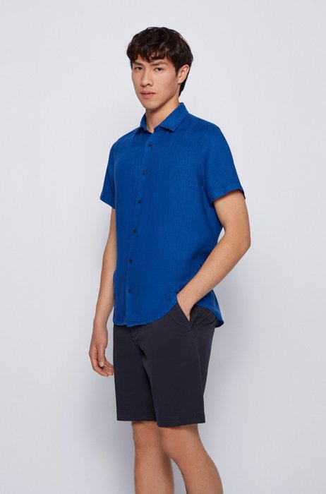 Regular-fit overhemd van linnen popeline met puntkraag, Blauw