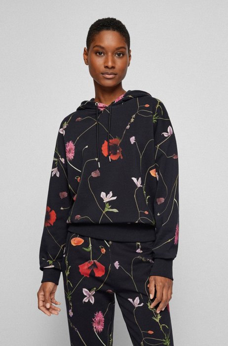 Regular-fit hoodie in French terry with floral print, Patterned