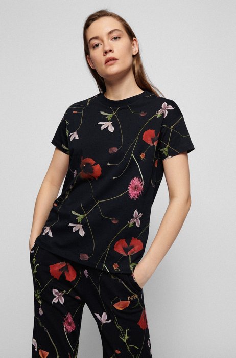 Camiseta regular fit en punto de algodón con estampado de flores, Fantasía