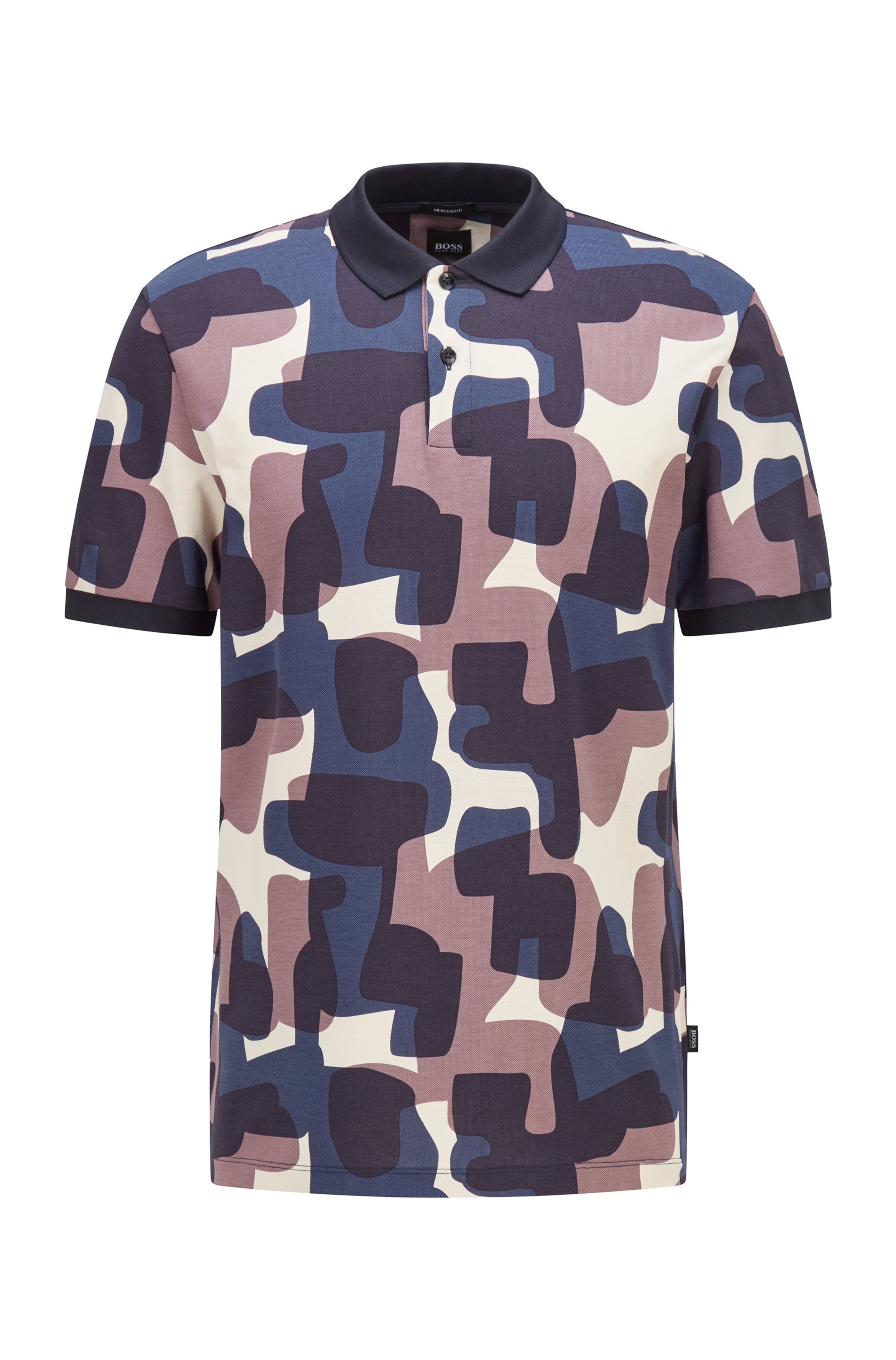 Cotton-piqué polo shirt with camouflage print, Dark Blue