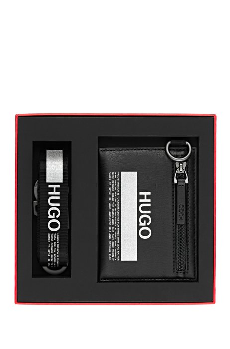 Gift-boxed manifesto-logo card holder with detachable lanyard strap, Black