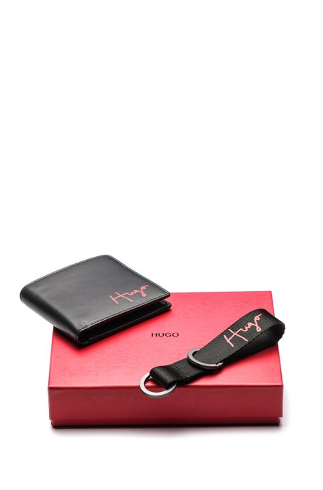 Gift-boxed billfold and key ring with handwritten logos, Black