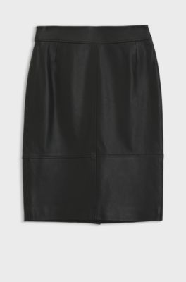 Slim-Fit Bleistiftrock aus Glattleder, Schwarz