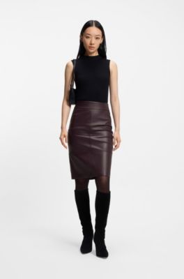Leather pencil skirt with panelled details, Dark Purple