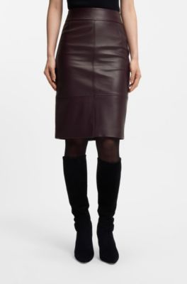 Leather pencil skirt with panelled details, Dark Purple
