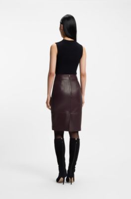 Leather pencil skirt with panelled details, Dark Purple