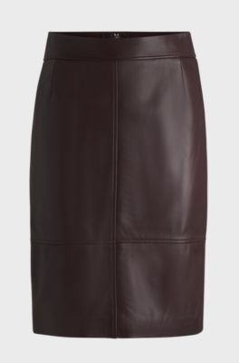 Leather pencil skirt with panelled details, Dark Red