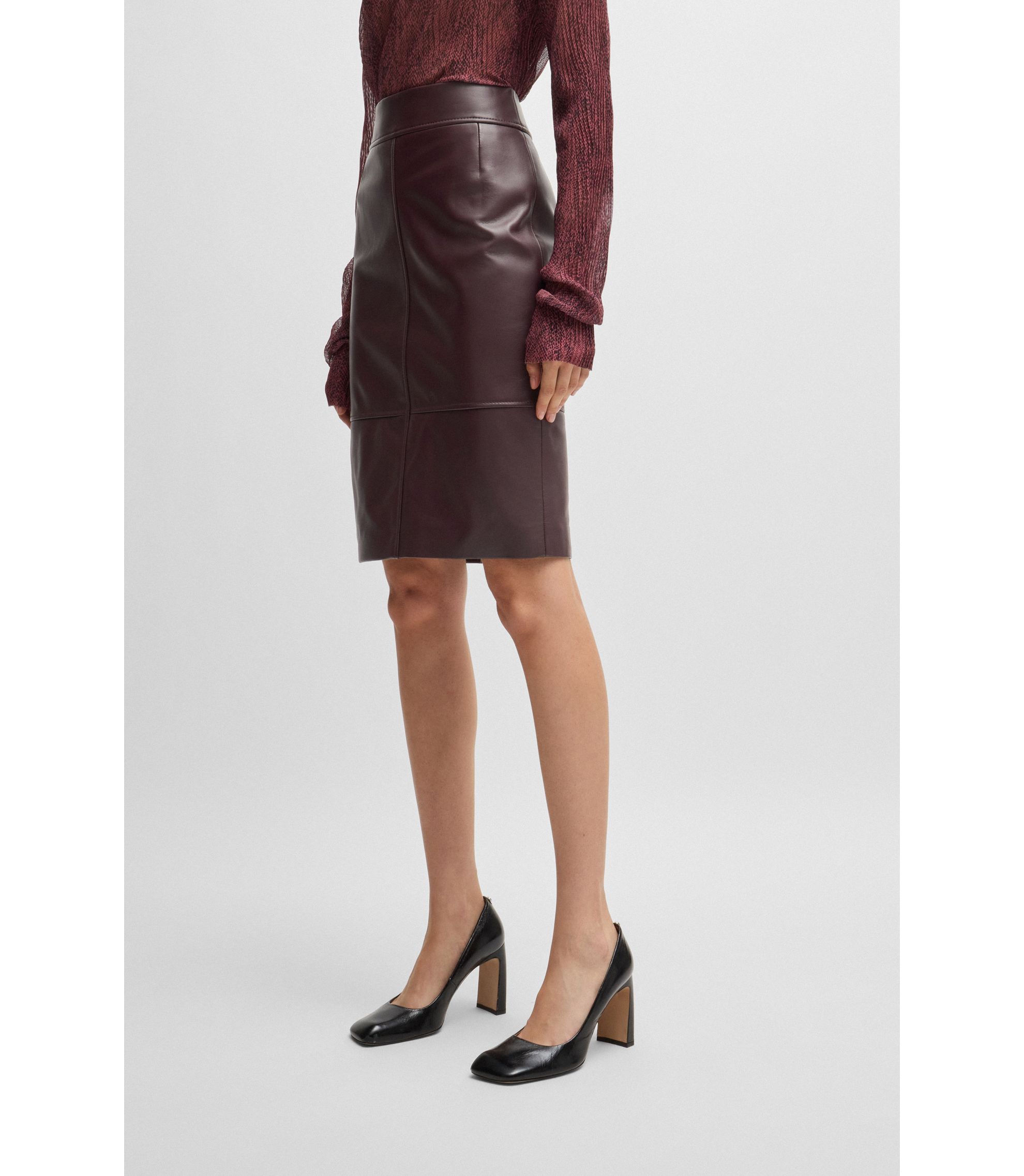 BOSS Leather pencil skirt with panelled details Dark Red