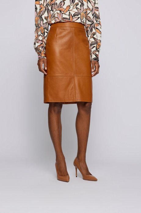 Regular-fit pencil skirt in leather, Light Brown