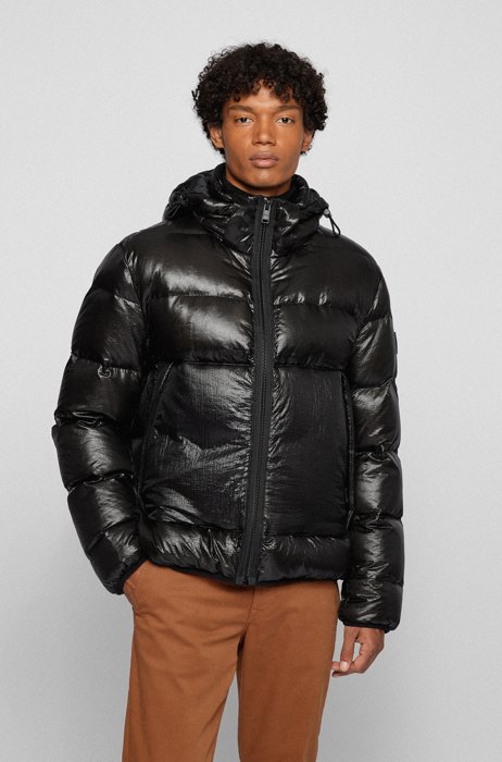 Regular-fit down jacket with detachable hood, Black