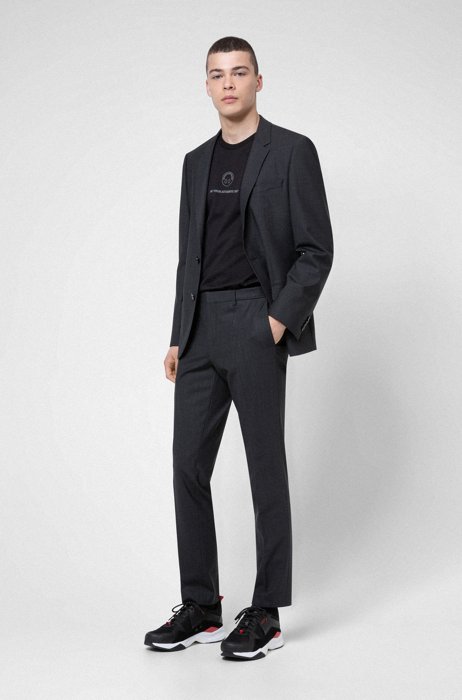 Slim-fit suit in micro-patterned stretch virgin wool, Black