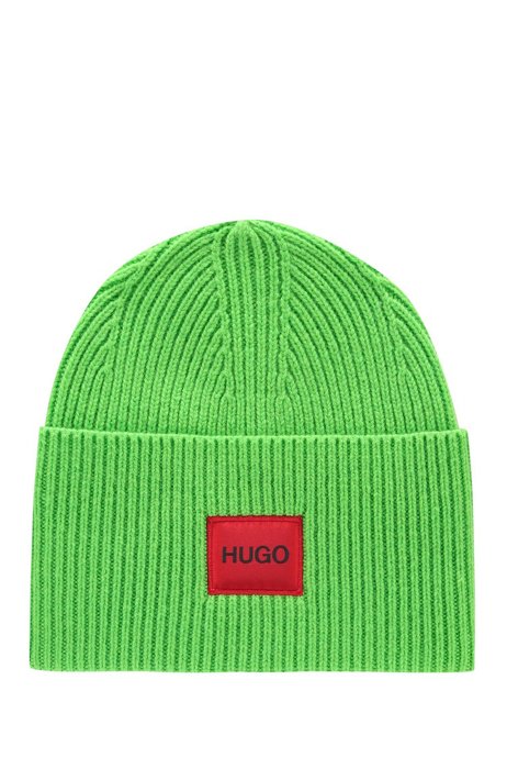 Wool-blend beanie hat with red logo label, Green