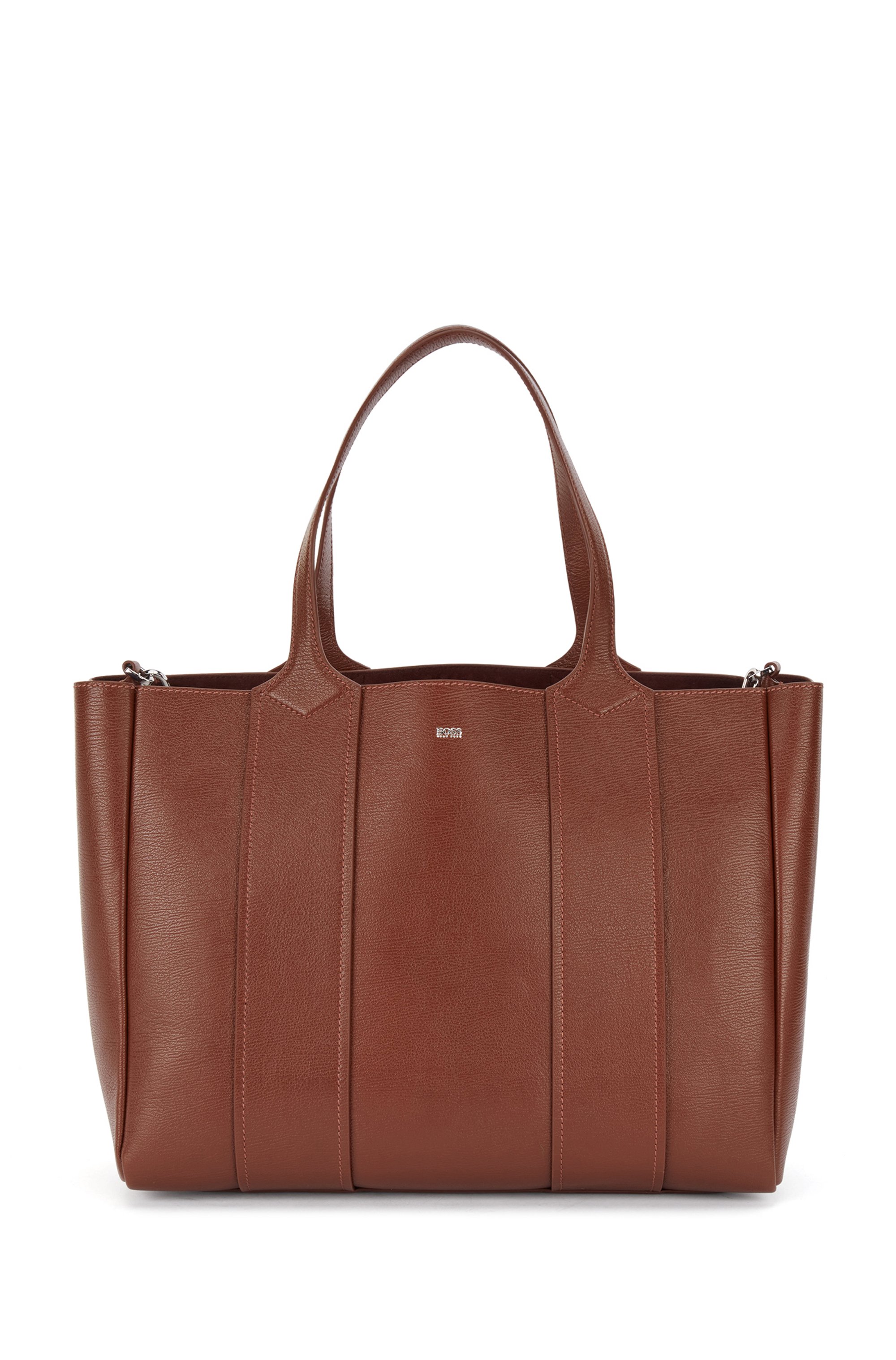 Grained-leather tote bag with detachable webbing strap, Brown