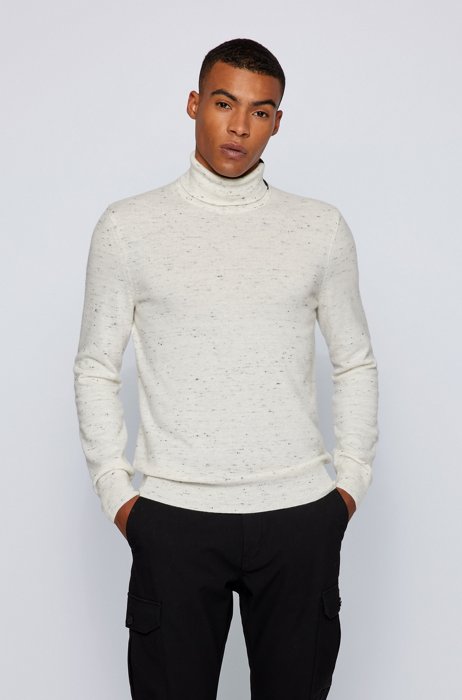 Rollneck sweater in flammé yarn with embroidered logo, White