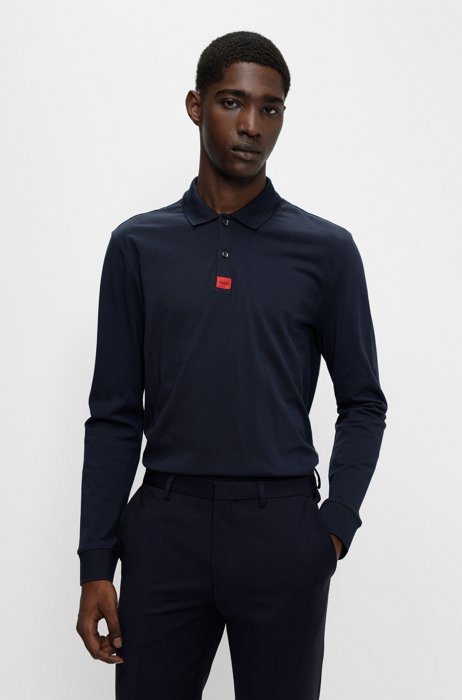 Long-sleeved slim-fit polo shirt with logo label, Dark Blue