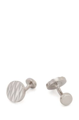 BOSS Round Cufflinks In Stainless Steel With Diamond Pattern