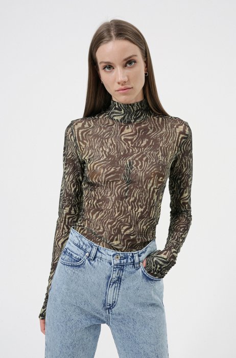 Slim-fit printed top in stretch mesh fabric, Patterned