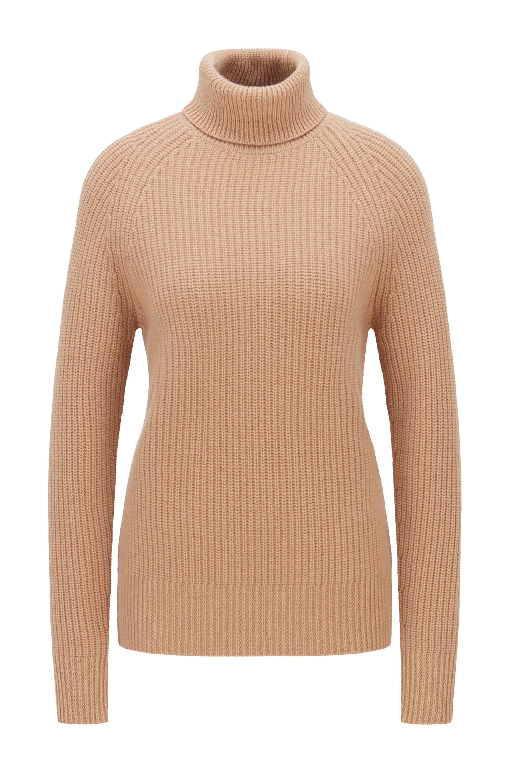 Ribbed rollneck sweater in virgin wool and cashmere, Light Brown