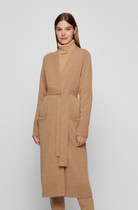 Relaxed-fit knitted coat in virgin wool and cashmere, Light Brown