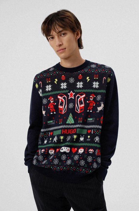 Oversized-fit Christmas sweater in organic cotton, Dark Blue