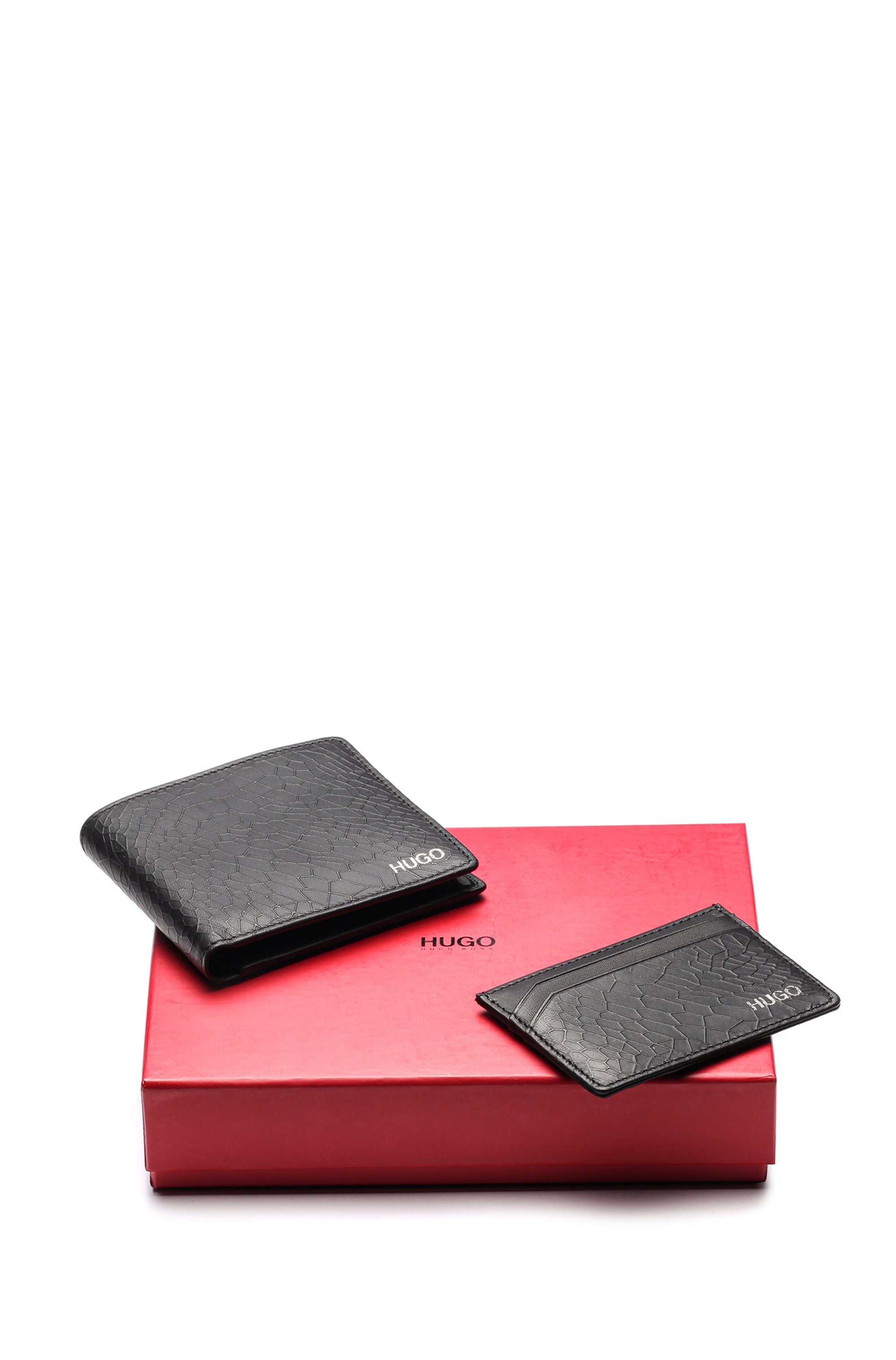 Snakeskin-embossed leather wallet and card holder gift set, Black
