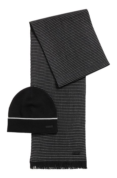 Écharpe et bonnet en laine vierge avec badge logo, Noir