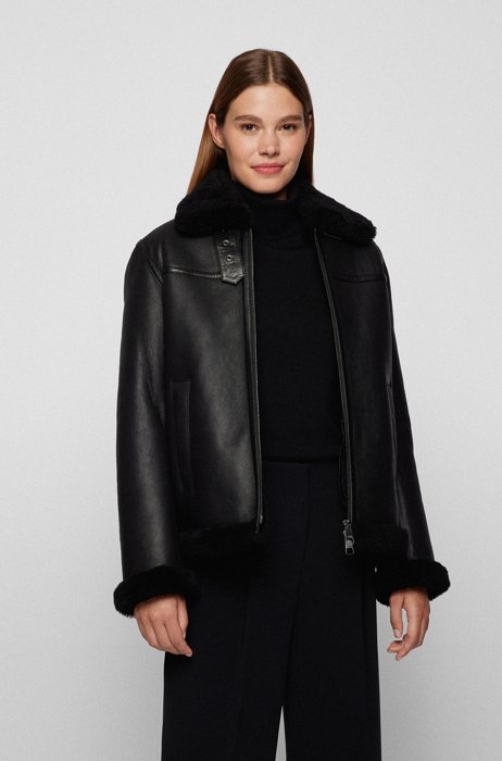 Relaxed-fit jacket in nappa leather with shearling lining, Black