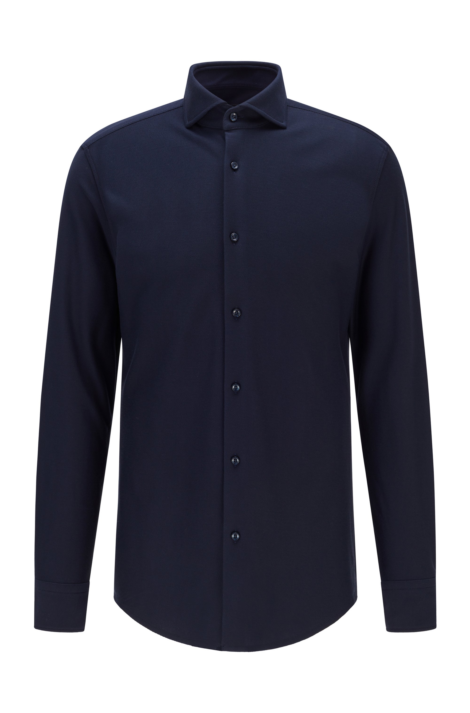 Chemise Slim Fit en jersey de coton à col italien, Bleu foncé
