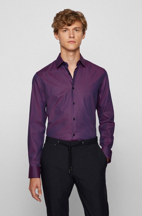 Slim-fit shirt in micro-dot stretch-cotton dobby, Purple