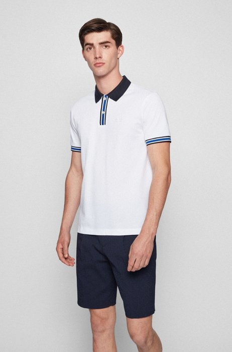Mercerised-cotton polo shirt with striped placket, White