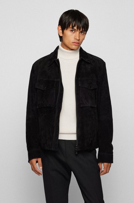 Goat-suede jacket with branded inner placket, Black