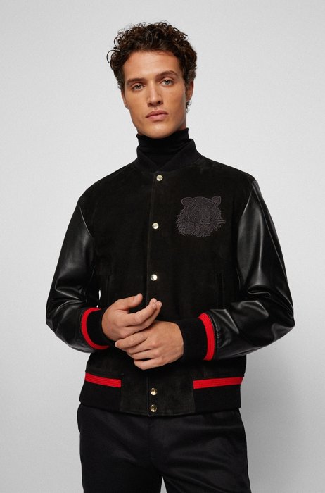 Varsity-style leather jacket with tiger graphics, Black