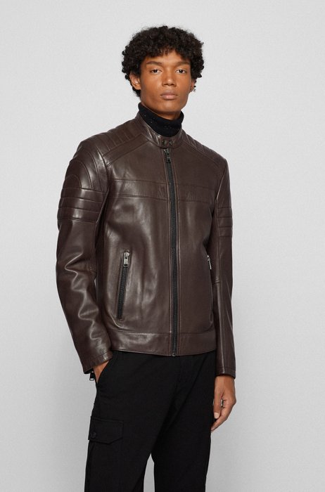 Slim-fit jacket in waxed leather with quilting, Dark Brown