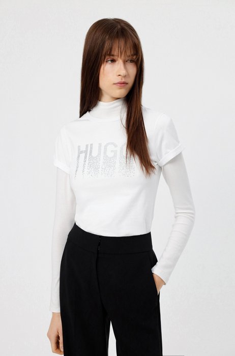T-shirt slim fit in cotone biologico con logo con strass, Bianco