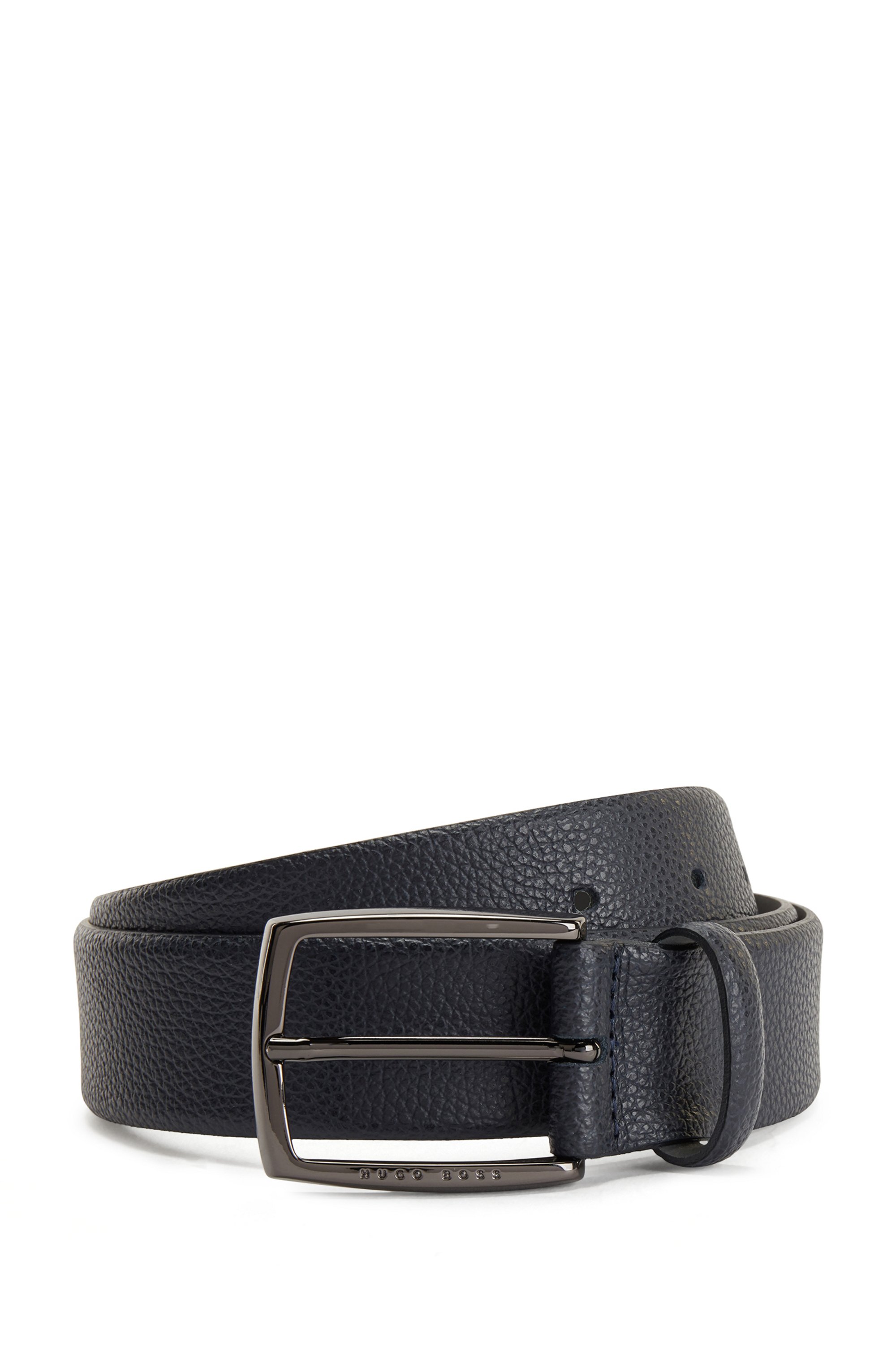Grained-leather belt with polished gunmetal buckle, Dark Blue