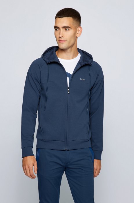 Cotton-blend zip-up hoodie with logo tape, Dark Blue