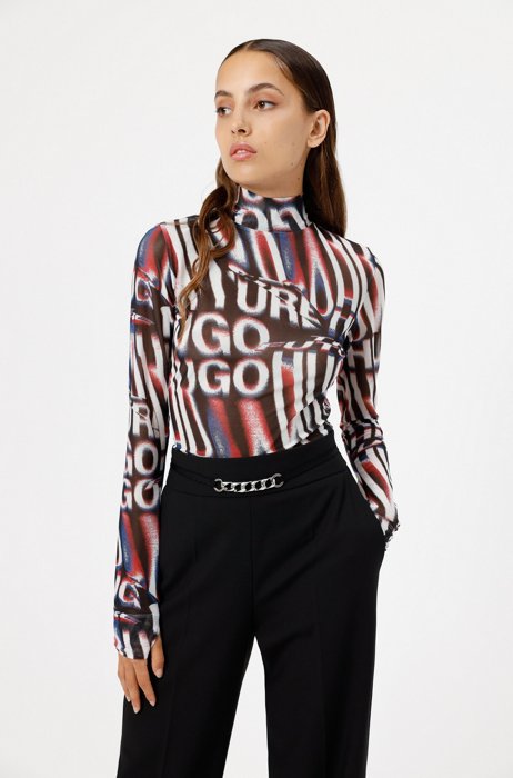 Long-sleeved mesh top with all-over print, Patterned